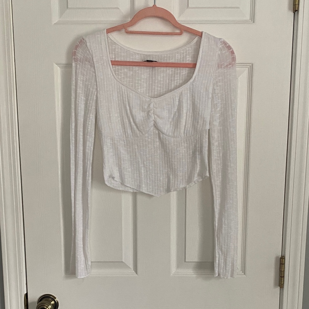 Wild Fable Cropped, White Ribbed Long Sleeve Blouse